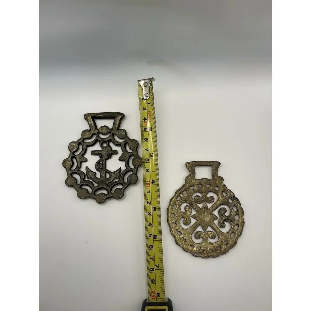 Vintage Brass Horse Brasses Pair Anchor Nautical Sun Star Harness Medallions
